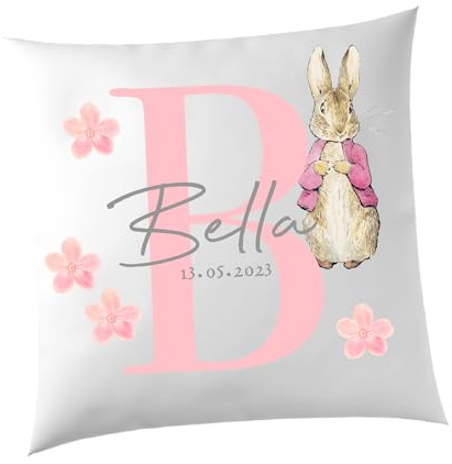SMARTYPANTS Personalised Pink Rabbit White Cushion - Animals Kids Peter Rabbit Inspired Baby Name Flowers Date Bedroom Child Home Decor Living Gifts Presents (Cover+Filling)
