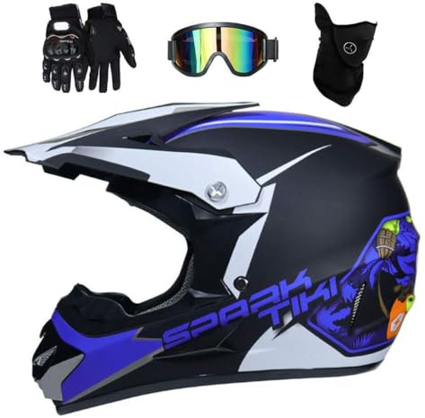 Full Face Motocross Helmet Set, with Goggles Gloves Mask, Youth Kid Off Road Motorbike Karting Scooter Helmet, Downhill MTB ATV BMX Enduro Quad Dirt Bike Crash Helmet ( Color : Royal Blue , Size : XL/