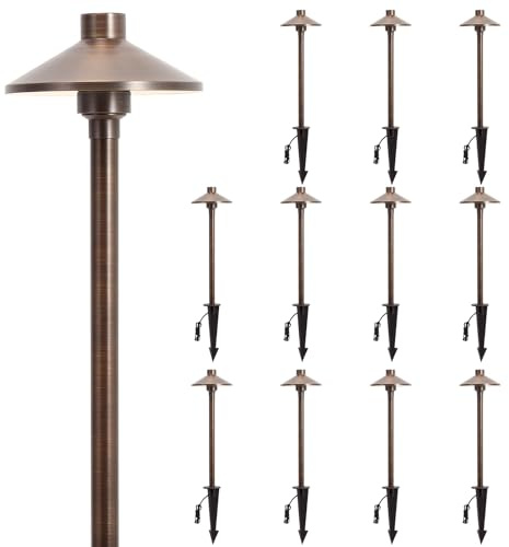 Gardencoin Solid Brass Low Voltage Pathway Lights (6.7'' Shade, 21.9'' Tall), 12V AC/DC Heavy Duty LED Landscape Path Lights Outdoor Wired, Antique Bronze Walkway Lights with Larger Stake, 12-Pack