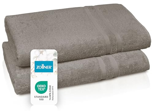 ZOLLNER 2er Set Saunatücher in 70x180 cm - Flauschige Handtücher aus Baumwolle - mit moderner Streifenbordüre - bis 60°C waschbar - mit praktischem Aufhänger - in Fango - Hotelqualität