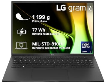 LG Gram 16Z90S-G.AD7BF - PC Portable 16 1199g, écran IPS FHD+ 16:10, Plateforme Intel® Evo™ Ultra 7 155H, RAM 32Go, SSD 2To NVMe, Intel Iris XE, Thunderbolt™ 4, Windows 11, Clavier AZERTY, Noir