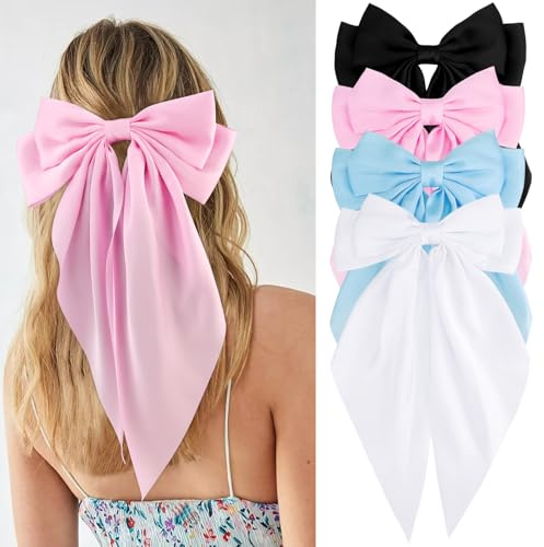 VELSCRUN Women & Girls 4-Piece Silky & Satin Hair Bows - Black, White, Pink, Blue - Large Coquette & Oversized Hair Barrettes & Accessories