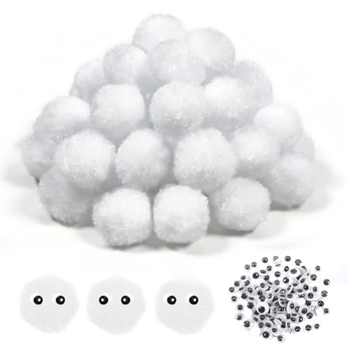 TOAOB 50pcs Pompons Loisirs Creatifs Blanc 2cm Gros Pompoms Moelleux avec 100pcs Yeux Mobiles pour Bricolage Fournitures Décorations Couture Guirlandes Franges Projets et Artisanat