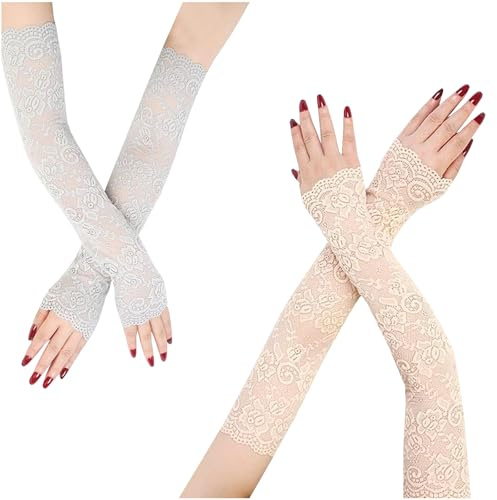 JK Home 2 Paires Manchettes Bras en Dentelle Gant Long | Mittaine Elastique Sans Doigts Floral Protection de Soleil Plage Vacances