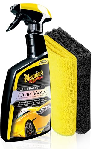 Lack Versiegelung Set | Meguiar's Ultimate Quik Wax Spray 473ml + 2x Poliertuch | Nano Sprühwachs mit Abperleffekt | Auto Sprühversiegelung