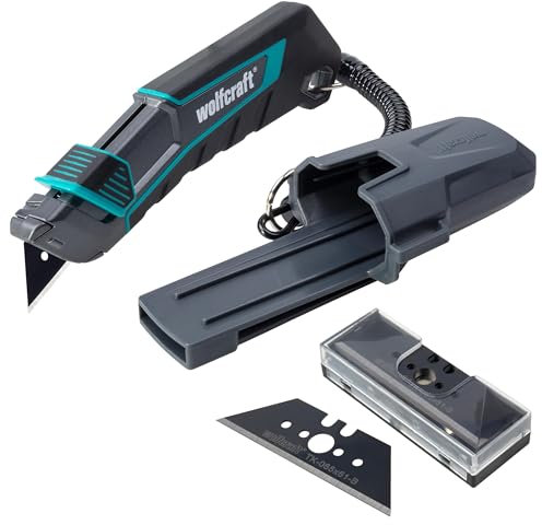 wolfcraftt Juego de cúter de cuchilla trapezoidal PRO SAFETY con estuche - 8669060 - Práctico juego de cúter de seguridad y cuchillas de repuesto con afilado extra