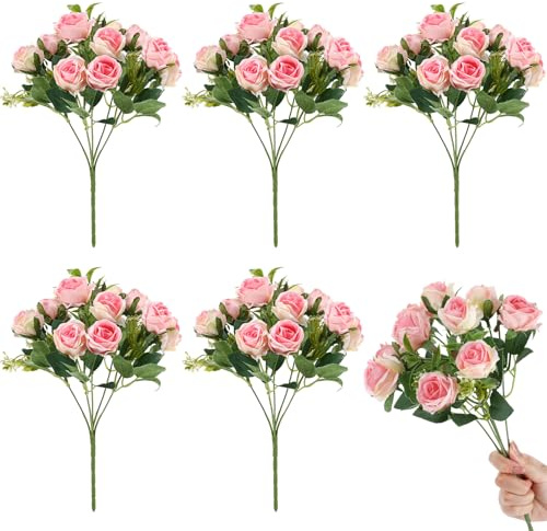 Ovveroche 6 Stems 10 Heads Pink Artificial Silk Roses Bouquets with Leaf Faux Flowers for Wedding, Grave Decor, Home Indoor, Outdoor Wedding Office Use