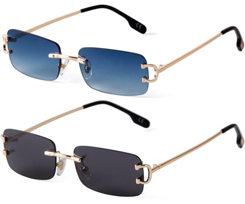 Laurinny Gafas de sol vintage sin montura retro rectangulares para hombre y mujer, Paquete de 2 (azul degradado + gris)