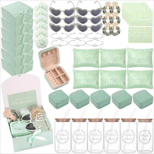 Regalos de propuesta de dama de honor, regalo de dama de honor, incluye caja de regalo de boda, caja de joyería, bolsa de maquillaje, pulsera, tarjeta invitada de espuma, gafas, taza, corbata para el