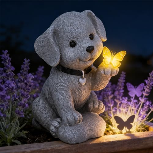 ZMCVOE Figuras solares para exteriores, resistentes a la intemperie, estatua decorativa con mariposa, estatuas solares de jardín, decoración de jardín, perro para exteriores, invitados y terrazas