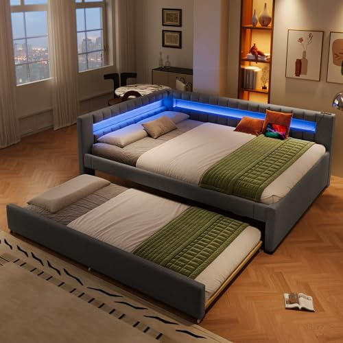 Lubvtti Divano letto 140×200 cm, testiera a L con striscia luminosa a LED, Divano letto con letto estraibile 90×190, Letto matrimoniale con porta USB, Tessuto in lino, Grigio (materasso non incluso)