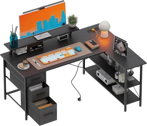 Xyphren Skrivbord L-form med 3 tyg lådor, 140 * 80 cm vändbart hörnskrivbord med monitorställare, eluttag och USB-laddport för hemmakontor, svart