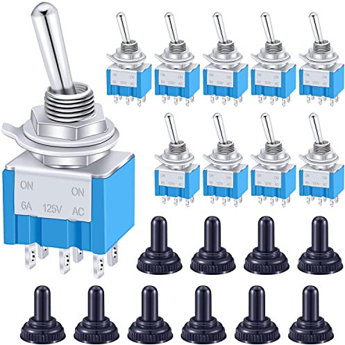 Taiss 10 pezzi Mini Interruttore a levetta ON/ON 2 Posizioni 6 Pin DPDT Metallo Interruttore a Bilanciere a levetta 6A 125V AC Blu con Cappuccio Impermeabile per Automobile,casa MTS-202-MZ