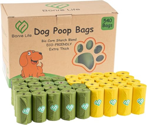 Bonre Life Dog Poop Bags Rolls, 540 Extra Thick Poo Bags, Biodegradable & Leak-Proof Dog Waste Bags Made from Corn Starch, Dual-Color, Unscented