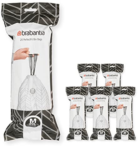 Brabantia PerfectFit Bin Liners Multipack (Size M/60 Litre) Thick Plastic Trash Bags with Tie Tape Drawstring Handles (120 Bags)