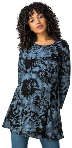 Roman Originals Swing Top with Pockets for Women UK Ladies Hanky Hem Asymmetric Tunic Blouse Longline Long Stretch Jersey Casual Round NeckTee Shirt T-Shirt - Blue - Size 18
