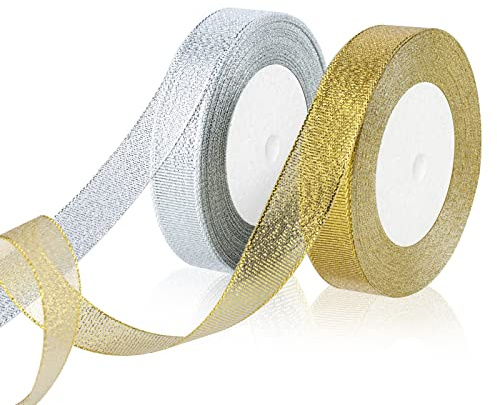 OWill Cinta regalo navidad,2 Rollos cinta regalo oro y plata,20 mm x 44 m,lazos regalo para envolver regalos navidad,flores o artesanías