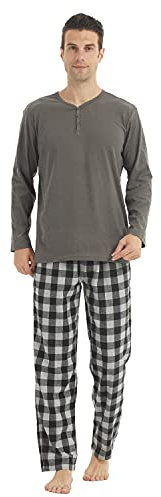 LANBAOSI Pyjama pour homme long Deux pièces Pyjama pour homme long Chaud Hiver Manches longues Chemise & Pantalon de pyjama Polaire à carreaux Pantalon de pyjama, Gris + gris., M