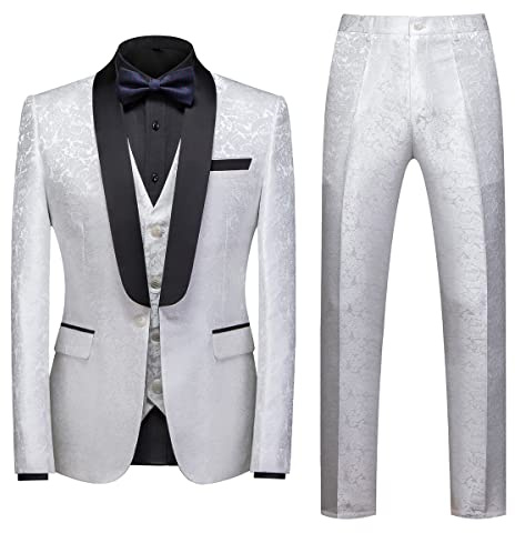 Sliktaa Homme Costume 3 Pièces Formel Jacquard Classique Châle Revers Mariage Business avec Un Bouton Smokings Casual Veste & Gilet & Pantalon, Blanc, S