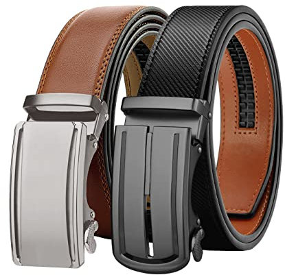 Chaberlu Lot de 2 ceintures automatiques pour homme, en cuir, boucle automatique, ceinture en cuir réglable, largeur 35 mm, avec boîte cadeau, Noir/marron B2-1c3, 32-38W / 45L