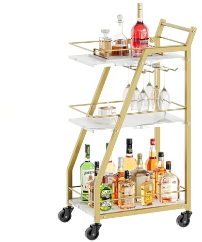 YATINEY Bar Cart, Drinks Trolley with Glass Holder, Serving Trolley on Wheels, Small Gold Bar Cart, Drinks Cart for Bar, Kitchen, Dining, Marble White and Gold XBC03DW