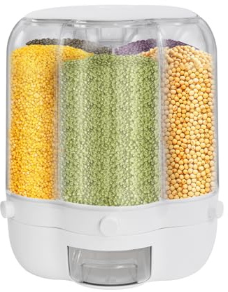 Müsli Dispenser stor roterande matdispenser rivdispenser 6-fack resehink fullkorn risbehållare förvaring med lock torrmatare förvaringslåda för kök vit