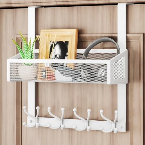 HapiRm Over The Door Hanger - Easy Installation Door Hooks with Basket and 16 Hooks, 304 Stainless Steel Door Hangers for Clothes,Towels, Coats, Bathroom, Kitchen, Dorm