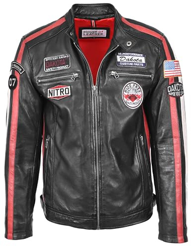Chaqueta de piel auténtica estilo motociclista para hombre, estilo Bobby, Negro, M