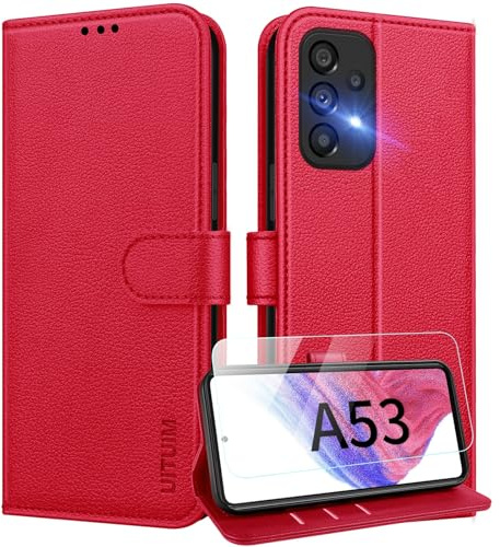 UITUIM Cover per Samsung Galaxy A53 5G Cover Custodia a Libro Portafoglio in Pelle con Vetro Temperato Pellicola Cover Porta Carte Flip Case Protettiva Custodia per Samsung Galaxy A53 5G,Rosso