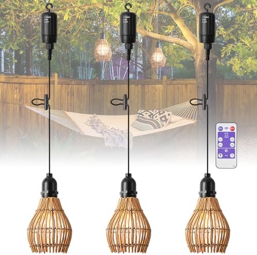 SUCIKORIO 3er Pack Hängelampe Outdoor Akku, Boho Rattan Hängelampe mit Batterie Außen Wasserdicht Hängeleuchte Mit Fernbedienung Dimmbar Pendelleuchte ohne Strom für Zelt, Camping, Garten, Dekorative