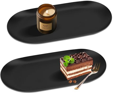 2 Pcs Decorative Oval Stainless Steel Jewellery Tray, Black Matte, Small Serving & Mini Vanity Storage for Perfume, Cosmetics, Coffee & Dessert (Black)