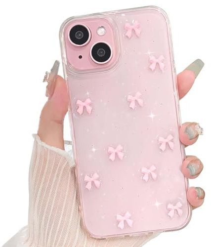 NITITOP Kompatibel mit iPhone 13/14 / 15 Hülle Klar Transparent Cute 3D Rosa Schleife Süßes Glitzer Glitzernde Paillette Teen Girls Dünne Schutzhülle - Rosa Schleife