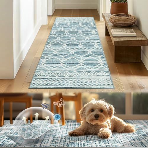 TOPICK Teppich Waschbar Boho Eingangsbereich Marokkanischer Niedrigfloriger Geometrischer Fleckenabweisend, rutschfest Ultradünner für Küche Schlafzimmer Bauernhaus Badezimmer Tür 90x150(cm) Blau