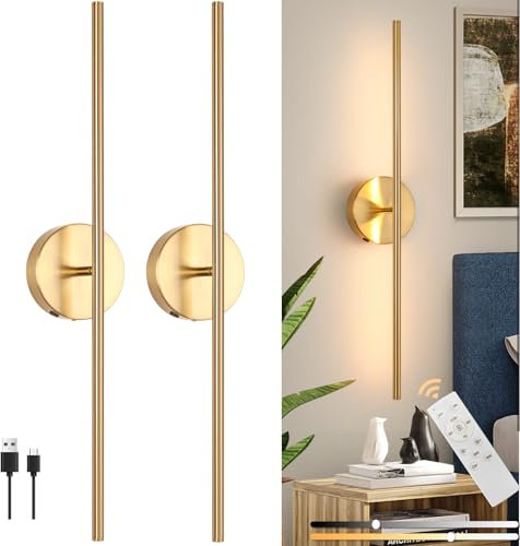 Battery Operated Wall Lights Indoor, USB Rechargeable LED Wall Lamp with Remote Control, Dimmable Touch Wireless Wall Light, Gold 70CM 350° Rotation Modern Wall Sconce for Living Room Bedroom, 2 Pack