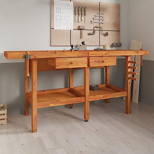 IKAYAA Banco de Trabajo de Madera Acacia 180 x 50 x 5,5 cm, con 2 Cajones, Mesa de Trabajo Taller, Mesa Trabajo, Banco de Carpintero, Banco Herramientas
