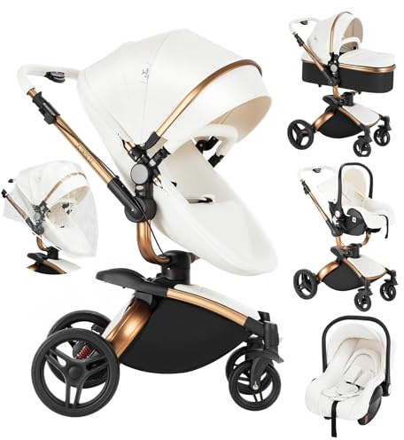 Veitoalioy PU-Leder Kinderwagen 3 in 1, 360° Drehbarem Sitz Faltbarer Kinderwagen Set, Aluminium Hohe Landschaft Babywagen, Bequemer Multifunktionaler Kombikinderwagen 3 in 1 Komplettset (906 White)