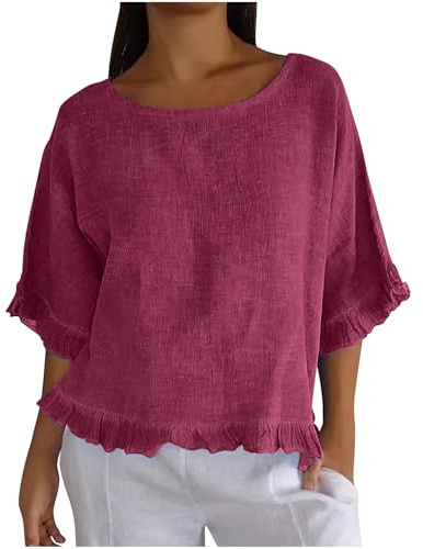 Ybing Camiseta de muselina para mujer, monocolor, manga media, blusa de lino, holgada, de algodón, blusa de lino, informal, vintage, camiseta de verano, camiseta fina, cuello redondo, parte superior
