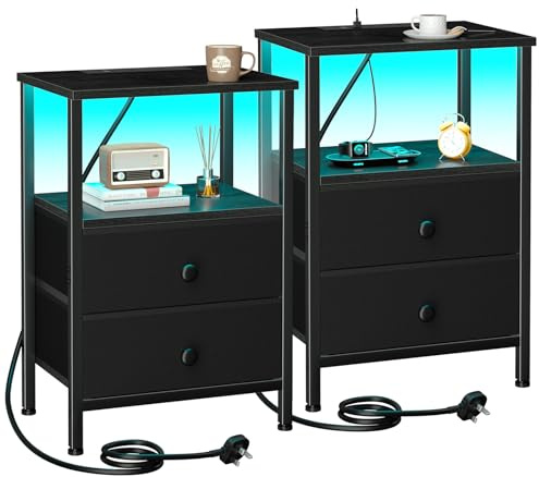 AMHANCIBLE Bedside Tables Set of 2, Side Table with Charging Station | Bed Side Tables with LED Light, Nightstand with 2 Fabric Drawers and Open Storage Shelf, Bedside Cabinets for Bedroom, Black