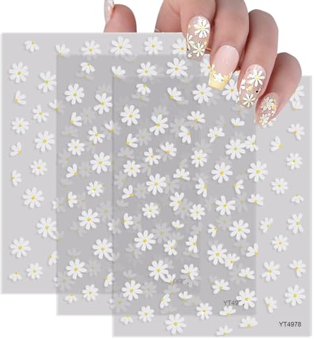 Pegatinas de Uñas 3D Decorativas, Diseño de Margaritas, 6 x 10,5 cm, 3 Piezas, Autoadhesivas