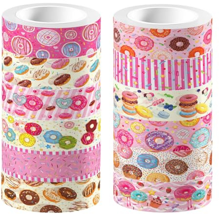 DINHEAROM 12 Rouleaux Ruban Adhésif Washi Décoratif Autocollants Thème Donut pour Artisanat et Journalisation Fournitures Diy pour Scrapbooking et Créatifs