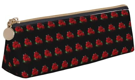 HKHLHLH Red Roses Printing Pupil Leather Case Zipper Pen Holder Practical Pencil Pouch for Kids for School Office
