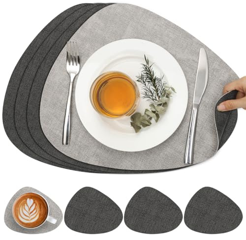 Chitomars Manteles Individuales y Posavasos, Doble Cara Salvamanteles Individuales Antideslizantes Manteles Individuales Lavables Plastico Individuales Mesa (Gris Claro Gris, Juego de 4)