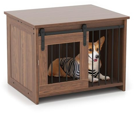 COSTWAY hundbur möbler, hundbox för hemmet, hundkoja med skjutdörr, husdjursbur av metall och trä, sidobord modernt, inomhus, för små och medelstora hundar, 80 x 60 x 60 cm (brun)