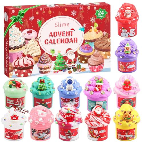 Slime Calendrier de l'Avent 2026 pour enfants, calendrier de Noël amusant pour garçons et filles, compte à rebours de 24 jours avec 12 slimes et 12 accessoires cool
