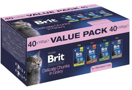 Brit Premium våtfoder för katter, sparpaket, 4 sorter, 40 x 100 g | Krämig konsistens, tolererbar, i burkar, berikad med näringsämnen, 4 sorter, med fisk och kött, ekonomipaket