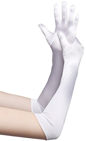BABEYOND Damen Handschuhe Satin Classic Opera Fest Party Audrey Hepburn Handschuhe 1920er Stil Handschuhe Elastisch Erwachsene Größe Ellenbogen bis Handgelenk Länge 52/55cm (Lang Glatt 52cm / Weiß)