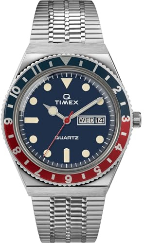 Timex Q Men's 38mm Watch – 1979 Reissue Silver-Tone Case Blue Dial Blue/Red Top Ring with Stainless Steel Bracelet