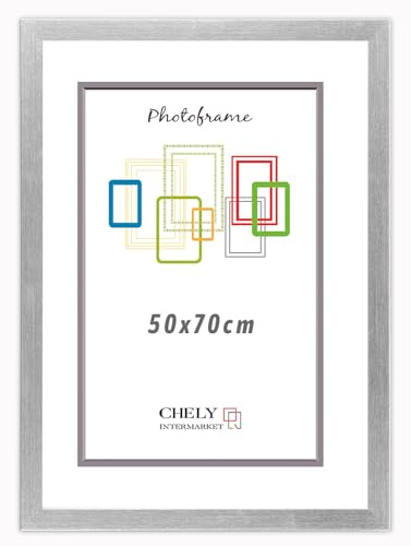 CHELY INTERMARKET | Marco de Fotos MOD-254 Hecho de Madera, Ancho de moldura 2cm con Acabado minimalista. Cuadro ideal para enmarcar títulos y certificados (Plateado, 50x70cm)