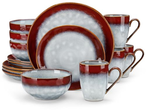 Vancasso Starry Red Dinner Set - 16-Piece Reactive Glaze Dinnerware with 10.5in Dinner Plate, 8.5in Dessert Plate, 720ml Bowl and 360ml Mug
