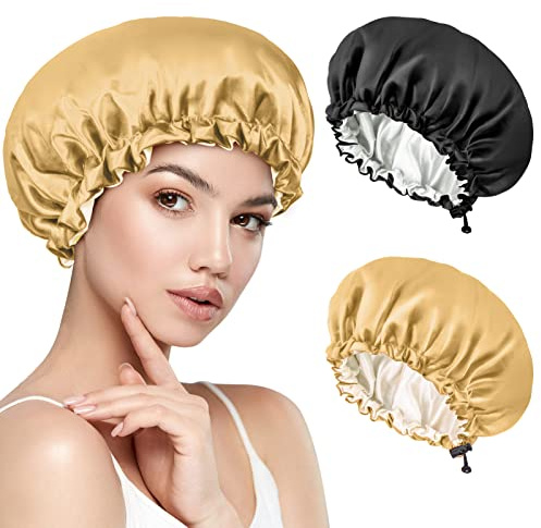 2 Pièces Bonnet Satin Cheveux Nuit, Réglable avec Cordon, Couche Double Bonnet de Douche en Soie pour Femmes Filles